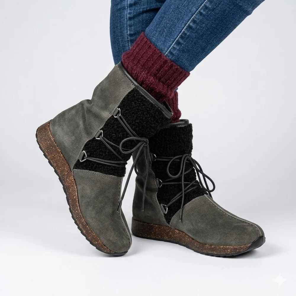 Sporto Size 8 Booties Grey Suede Leather Faux Sherpa Lined Cork Rubber Snow